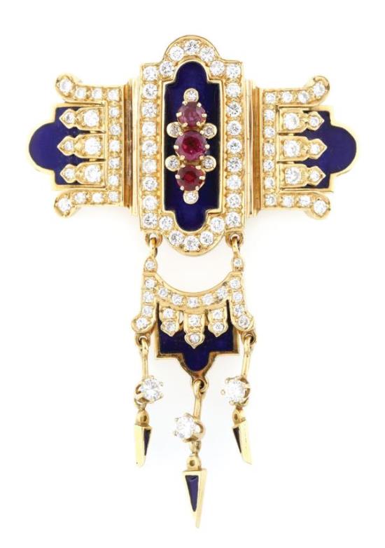 Brosa-pandant din aur, decorata cu multitudine de diamante, email si rubine
