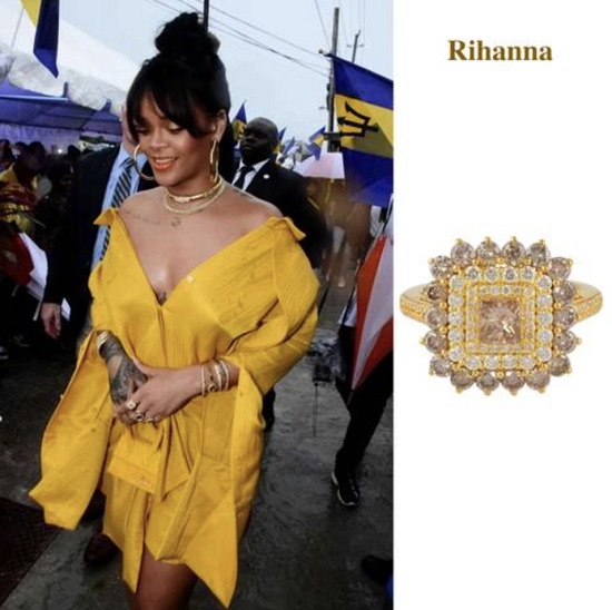 Rihanna purtând inelul din aur ”Azalea”, decorat cu diamante